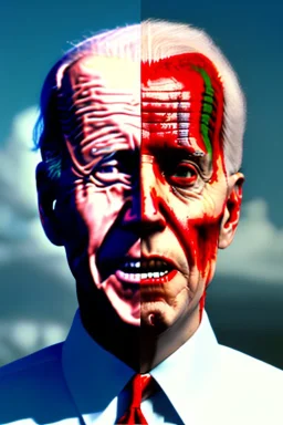 realistic image, joe biden zombie, arm cut and bleeding, night, walking with a limp, waist up view, dark ambient, highly detailed, sky background, concept art, unreal engine 5, god rays, ray tracing, RTX, lumen lighting, ultra detail, volumetric lighting, 3d, finely drawn, high definition, high resolution.