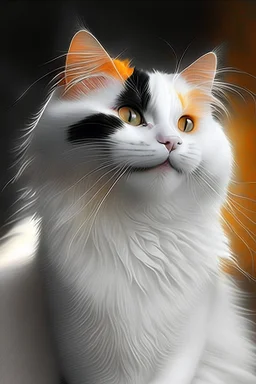 kucing kesayangan dibuat dengan imaginisasi non realistik berwarna, putih bersih, hitam dikit, oren dikit dengan senyum lebar