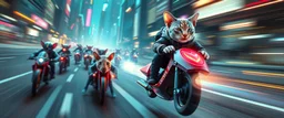 rocket ship scooter cat captain in high speed pursuit among neon rat cyber soldiers, with background motion blur
