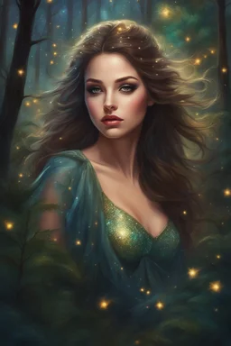 Painting of a dream girl in a fantasy forest, glitters in the forest background, digital painting, fantasy painting, dancing girl, song, fantasy art, fantasy girl, beautiful girl, beautiful face, 25 years old, beautiful painting, forest In the background, dark night, glitter in the background, fantasy forest, haunted forest