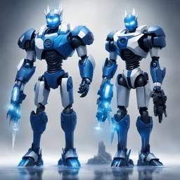 Gemini Man who is a robot master and a twin in dark blue with ice-white robot armor and a light-blue with white spikes, the dasterly duo will confuse and destroy their foes, Masterpiece, Best Quality, Nightmare Fuel, horror