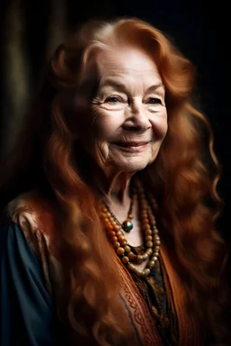 portrait of a beautiful 80 year old highlander woman with long reddish white wavy hair, curvy body, earthbound, warm-hearted