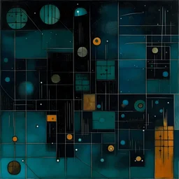 A dark teal space station with asteroids and meteors in outer space painted by Paul Klee