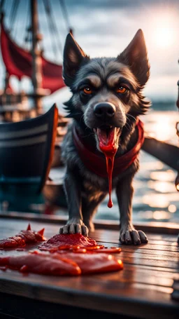 portrait of a vampire werewolf dog sucking the blood of fish on a viking ship, on a glass pier ,bokeh like f/0.8, tilt-shift lens 8k, high detail, smooth render, down-light, unreal engine, prize winning