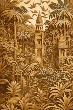 A brown and light tan jungle with a temple designed in Australian aboriginal art painted by MC Escher