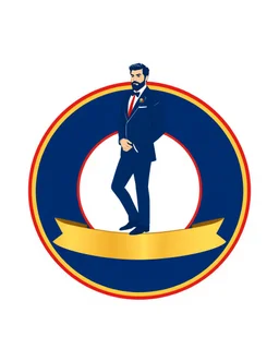A circular logo with a vector of a groom in a suit at the top of the logo in a blue, red, white and gold color theme.