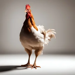 a live chicken stands tall in brown, a shadow falls from it, a white background