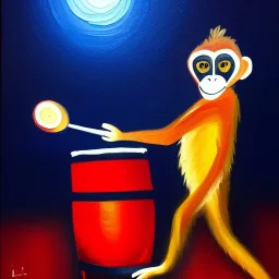 A monkey playing the drums, london at night, oil painting