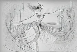 line drawing, of a beautiful realistic graceful dancing woman, made exclusively of music symbols, background is horizontal parallel lines like staffs and piano keys at bottom, symbols are discernible, overall exquisitely detailed, elegant, extremely intricate, high definition, dope, innovative, line art, contemporary art, fractal pencil drawing,