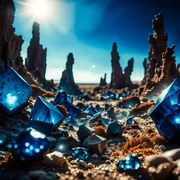 A striking photograh close-up captures a surreal wasteland with group of metaphysical shapes, adorned with minerals and rocks. Bathed in intense light, eerie, giant blue sun, 8k, deep 3d field, rock formations, strong texture, extreme paranoia, hypnotic, Yves Tanguy, colours, rich moody colors, sparkles, bokeh, 33mm photography