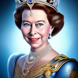 Disney Portrait of a queen elisabeth, dark hair, sharp dark eyes, bright blue lighting, sarcastic smile, sharp focus hair.