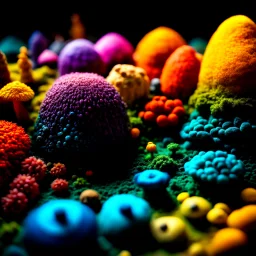 Close-up photograph of a landscape made of felt, animals, fungi, crystals, mineral concretions, extreme detail, intricate, colours, Tim Burton, rich moody colors, sparkles, bokeh, 33mm photography