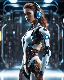 Realistic Photography facing front Handsome man super model brown hair science fiction style humanoid half with full body cyborg mechanicals and cybernetics lights wearing headphones,she on standing cool pose