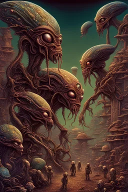 "Aliens" in a weird land - style by Rick Griffin - colorful, very sharp, sharp focus, extremely detailed, high definition, intricate, hyperrealistic