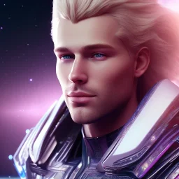 Full body ,Beautiful cosmic man, blue eyes, long blond hair, cosmic suit, galactic backdrop, soft lighting, hyper realistic, unreal engine 5, 16k