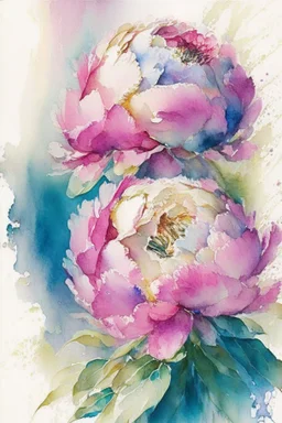 peonies, watercolor painting, ultrasharp, realistic colors, with some splashes of mixed colors