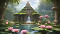 temple mayan in jungle palms, small lake with water lilies and river with a few very small waterfall in the watercourse, very pretty little flowered bridge with pink roses, very small fairies with pretty transparent wings, (very pretty shrubs++), grass well-cut green and small flowers of all colors, small dome-shaped house