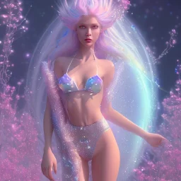 one big crystal glitter pink blue subtle galactic fairy in a galactic ambiance,glitter bikini, long blond hair down to the ground,transparent petals,blue eyes,delicate colors in the foreground, full of details, smooth，soft pink violet light atmosphere, light effect，vaporwave colorful, concept art, smooth, extremely sharp detail, finely tuned detail, ultra high definition, 8 k, unreal engine 5, ultra sharp focus