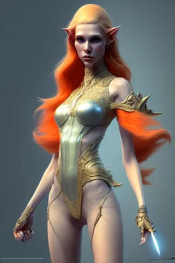 painting of a tall elven young woman with short light orange hair and freckles on the cheak bones and tall body of a topmodel light clothes, full body shot, ultra realistic, concept art, intricate details, eerie, highly detailed, photorealistic, octane render, 8 k, unreal engine. art by artgerm and greg rutkowski and charlie bowater and magali villeneuve and alphonse mucha