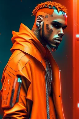 Chris brown dressing in orange, cyberpunk, ultra realistic