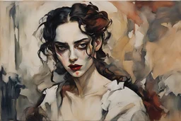 Painting of a vampire girl, in the Expressionist style of Egon Schiele, Oskar Kokoschka, and Franz Marc, in muted natural colors