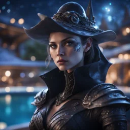 pen outline, layered, portrait of dark space witch hunter with strong gaze, by the pool, pool contains floating star ship of extreme complexity and beauty,bokeh like f/0.8, tilt-shift lens 8k, high detail, smooth render, down-light, unreal engine