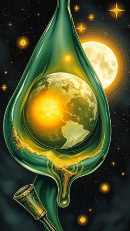 art illustration in the style of Luis Royo, large droplets of viscous and syrupy fluid, burnished jade, planet earth in crystal shape with the golden sun and crystal white transparent moon , Al. In side a biscuit ice cream con and glowing stars in the background with golden yellow, ink black