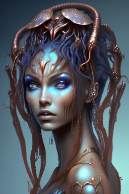 gorgeous female humanoid alien, stepping out of darkness, looking over shoulder, tentacles, copper zinc orichalcum jewelry and piercings, beautiful face, mesmerizing starry eyes, smooth translucent skin.