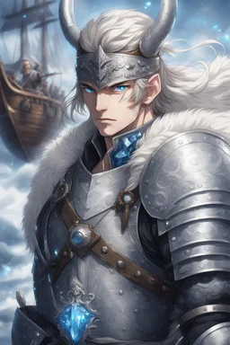 1man warrior in anime style, with blue eyes wearing silver Vikings armor with a blue crystal on his chest with a battle axe on the pirate ship, anime, anime style