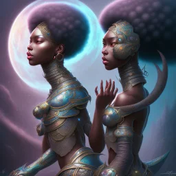 sango fantasy, fantasy magic, intricate, sharp focus, illustration, highly detailed, digital painting, concept art, matte, masterpiece head sexy view black African beauty black afro hair space lady turquoise carp skin African space landslide