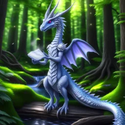 A dragonoid human with silver scales along with a long, flexible tail in a magical forest studying magic