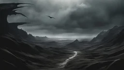 an apocalyptic flat landscape covered in dark gray dust. coast of ocean. dead dragons. dark grey mist. seen from the ground. fantasy, horror. no trees