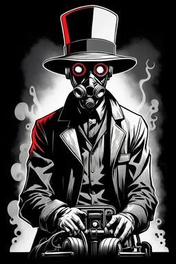 man with hat (wide and flat brim and a flat top) shading face, wearing a gas-mask standing beside an electric-chair, vignette, black and white graphic novel style with a red outline on black background, gothic horror
