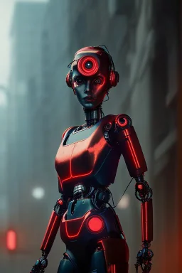 Beautiful portrait of red girl robot, post-apocalypse cybernetic in a cyberpunk city, sci-fi fantasy style, 8k,dark