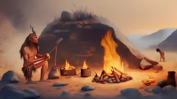 Paleolithic landscape with man and fire cooking food