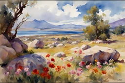 Sunny day, clouds, flowers, rocks, trees, distant mountains, spring, sci-fi, fantasy, john singer sargent watercolor paintings