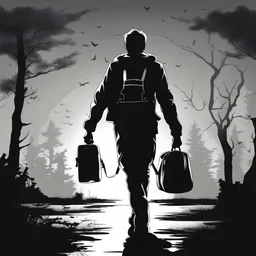 man with duffle bag, comic book, icon, silhouette, black.