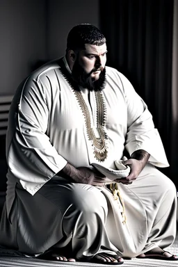 close up photography of a Burly arab 26 year old stocky short chubby man on his knees, short beard, dressed in an brown economic traditional caftan with pants and sandals, photorealistic, ambient occlusion, in a simple living room, ambient occlusion, side view from the bottom