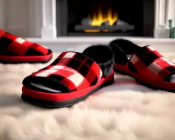 Red plaid slippers laying on a fur rug by kiva fireplace