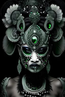Beautiful woman portrait dSilver and black bioluminescence gradient elephant textured detailed fur portrait,, front wiev adorned with bioluminescence sparkling green colour baroque style black and white and sparkling silver dust pearls, beads and black diamond headdress, and masque black florwers, organic bio spinal ribbed detail of detailed creative naroque style ornate white colour florwers detailed full rd rendered flowers background, extremely detailed hyperrealistic maximálist concep