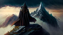 The hooded sorcerer on the mountain top