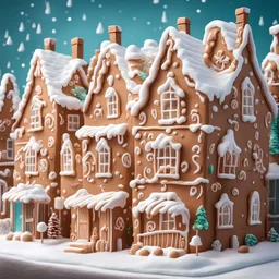suburban street with houses made entirely from Gingerbread with icing and peppermint siding, gingerbread textures, fantastical, mega detailed, maximalism, dynamic composition, hyperreal illustration