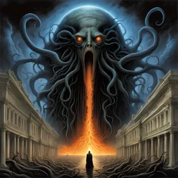 by Michael Whelan and Zdzislaw Beksinski and Luis Royo, Lovecraftian eruption in Washington DC, Sothoth elder god entity curls around the Washington White House nightmarish images pour out of its mouth blanketing the sky with a miasma of Eldritch horrors, fantastical digital art, dramatic, Eldritch, hyperdetailed, dark colors.