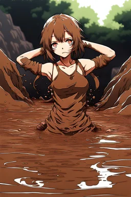 Anime girl sinks in brown opaque grainy mud