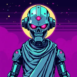 8 bit pixelart of a terminator like robot, synthwave colored, vaporware, budist monk robe