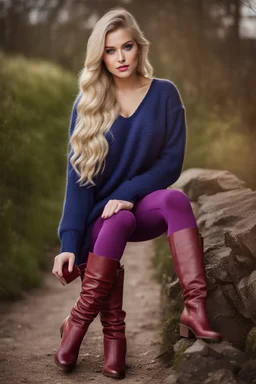 beautiful 18 year old girl with ash blonde hair and blue eyes with her curvy hair down, wearing a long-sleeved woollen top, and lilac long leggings, with long red boots full body shot