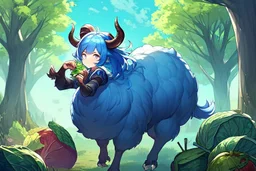 Girl goat horns, blue hair, clearing in forest, cabbage in hand , hoof foot ,