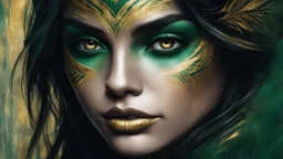 <lora:Texturized:1.0> close up of painting of woman face, detailed painting, Bastien L. Deharme, gothic art, eyes full of love, 8k, high detail, shades of dark green and gold, tribal atmosphere, weathered face