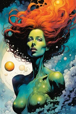 create an imaginative amorphous female extraterrestrial being with finely detailed facial features, sinuous tentacle hair, amidst the exploding chaos of a dying star, in the comic book art style of Bill Sienkiewicz, Mike Mignola, and Jean Giraud Moebius, finely textured, drawn, colored, and inked