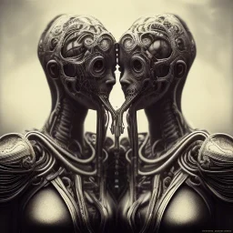 two viking girls kissing each other, hr giger, scary, steam punk, realistic, made in octane, cinematic, ultra-realistic, extremely detailed octane rendering, 8K, VRAY Super Real ar 2:3, dof photorealistic futuristic 50mm lens hard lighting dark gray tintype photograph, realistic lighting, sepia color